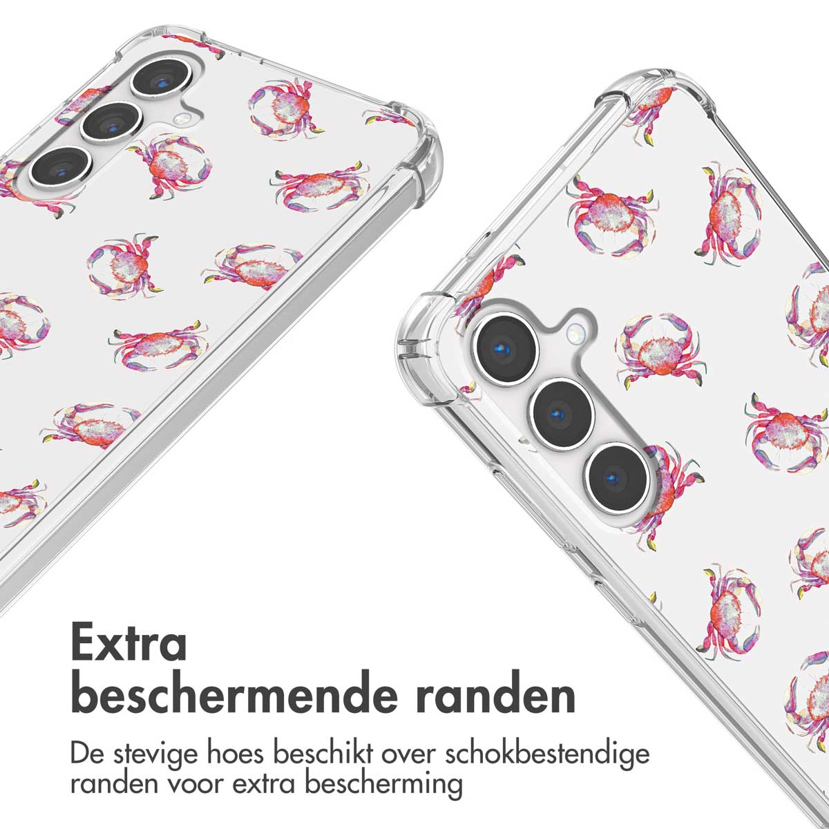 Coques de téléphone avec motif de crabes, montrant les caméras.