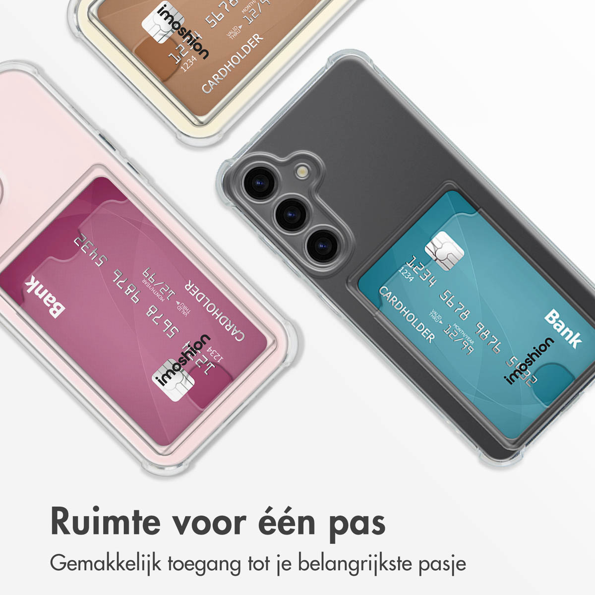 Telefoonhoesjes met kaarthouders, drie hoesjes, diverse kleuren, kaarten zichtbaar. Tekst: 'Ruimte voor één pas'.