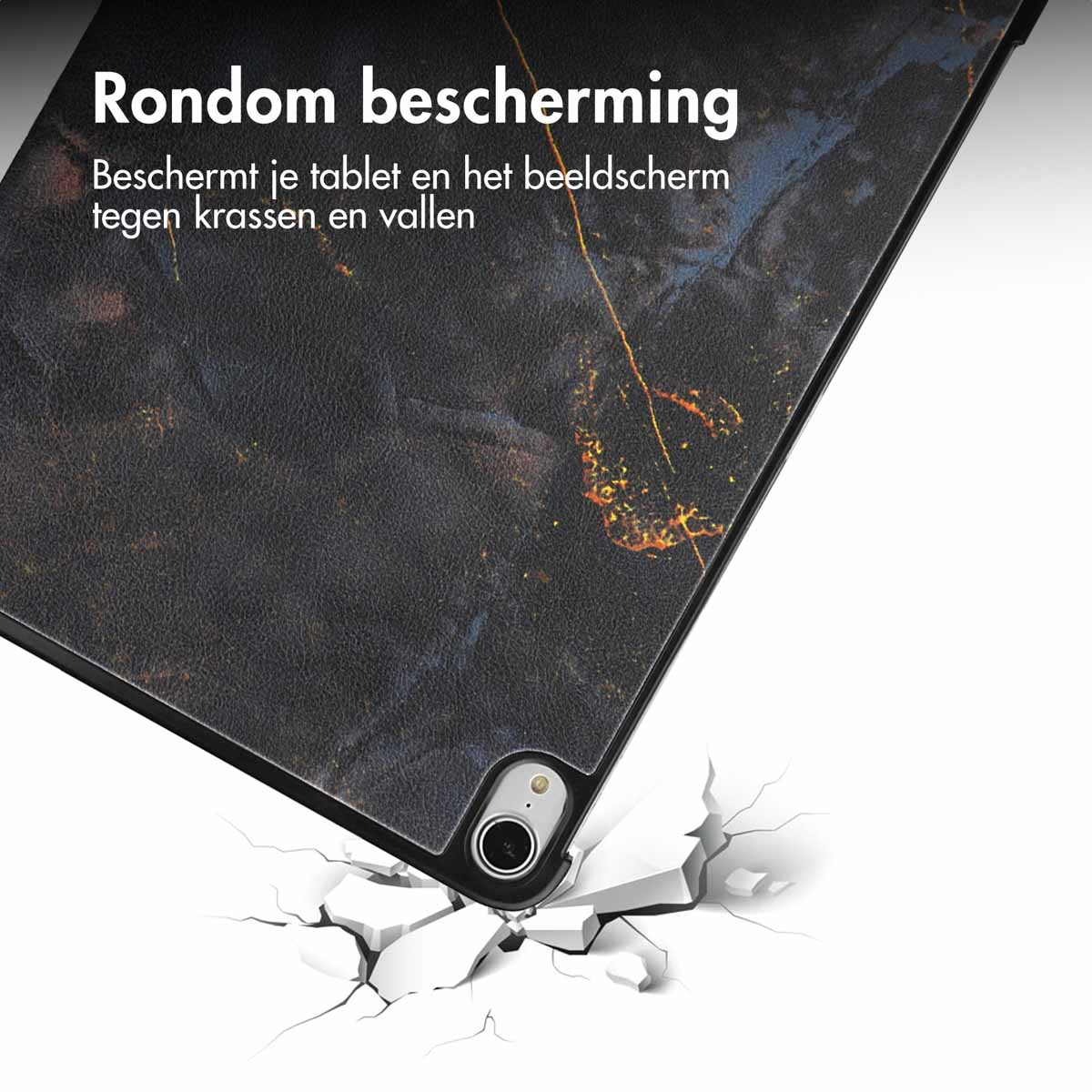 A tablet case with a marble design is shown falling. A crack appears on the surface.