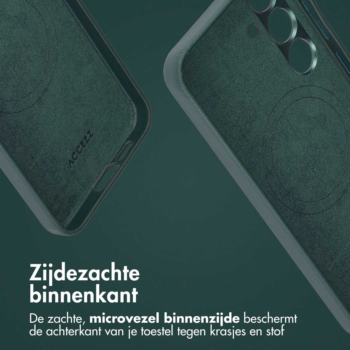 Close-up van een donkergroene telefoonhoes, met de binnenvoering van microvezel.