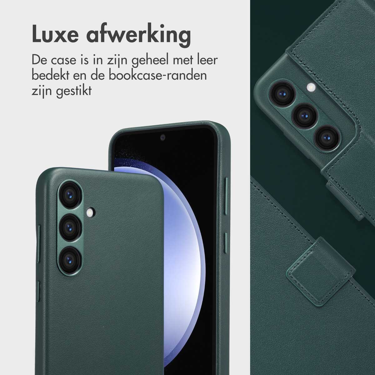 Een telefoon in een donkergroene leren hoes. Close-up van de telefoon en de hoes.