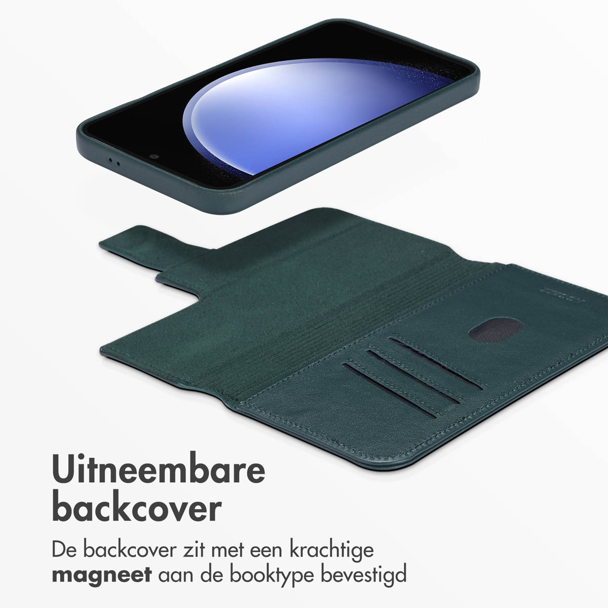 Telefoonhoesje. Telefoon zit erin. De hoes is open. Tekst: 'Uitneembare backcover.'