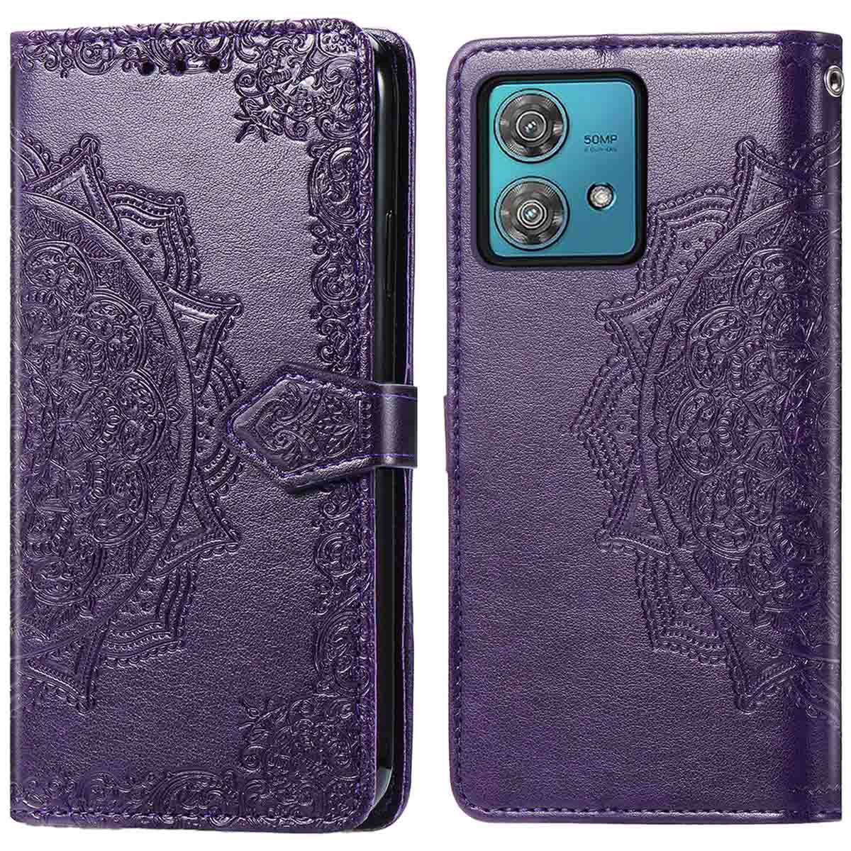 Coque de téléphone violette avec motif mandala, ouverte et fermée. Premier plan : coque. Fond : blanc.