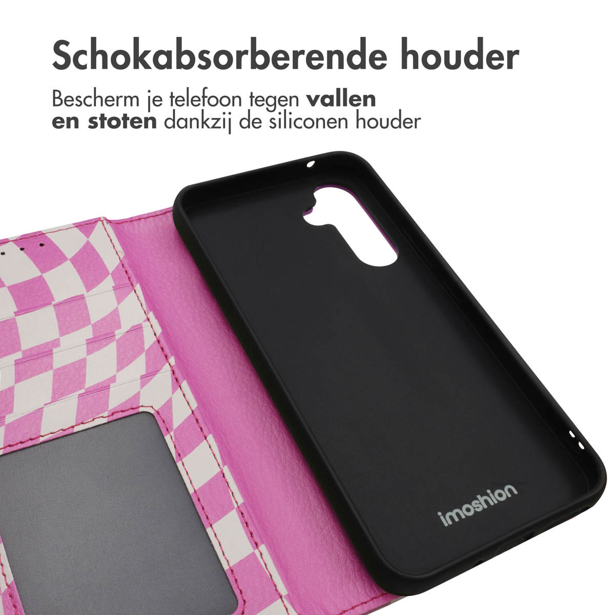 Coque de téléphone à motifs roses et blancs. Une coque noire à l'intérieur.