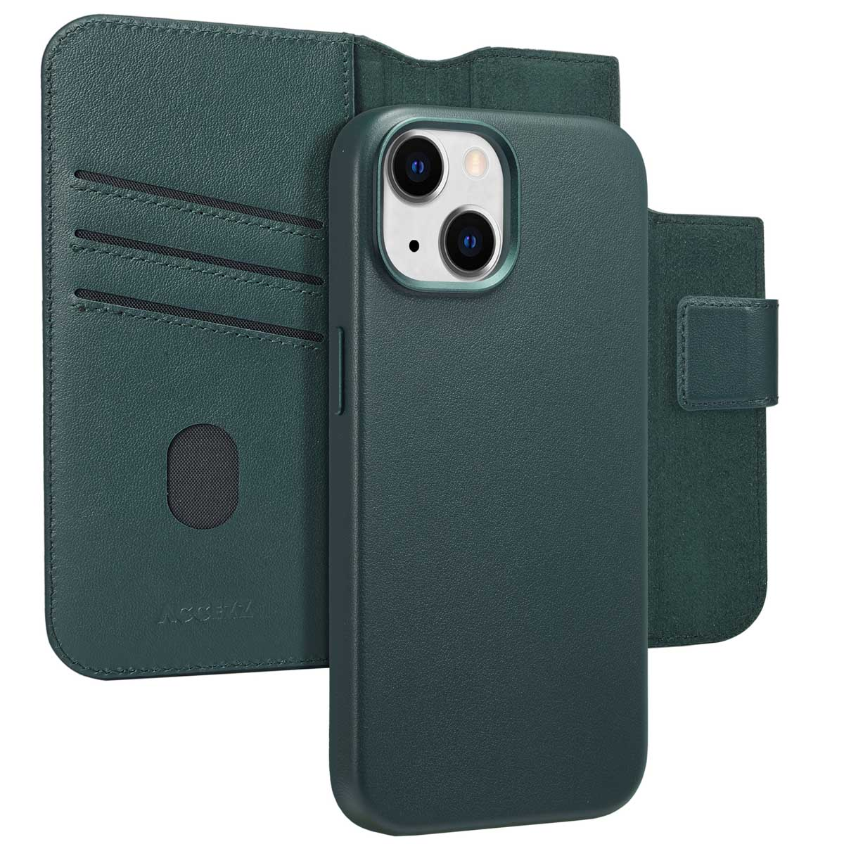 Groene telefoonhoes met portemonnee, telefoon en hoesje zijn zichtbaar.