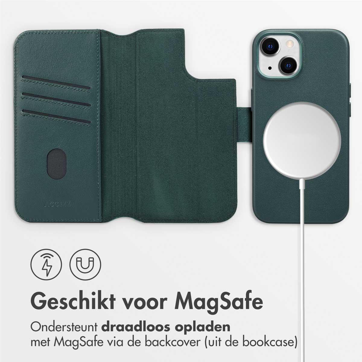 Groene telefoonhoes met een witte cirkel. Een telefoon is bevestigd en een witte oplaadkabel.