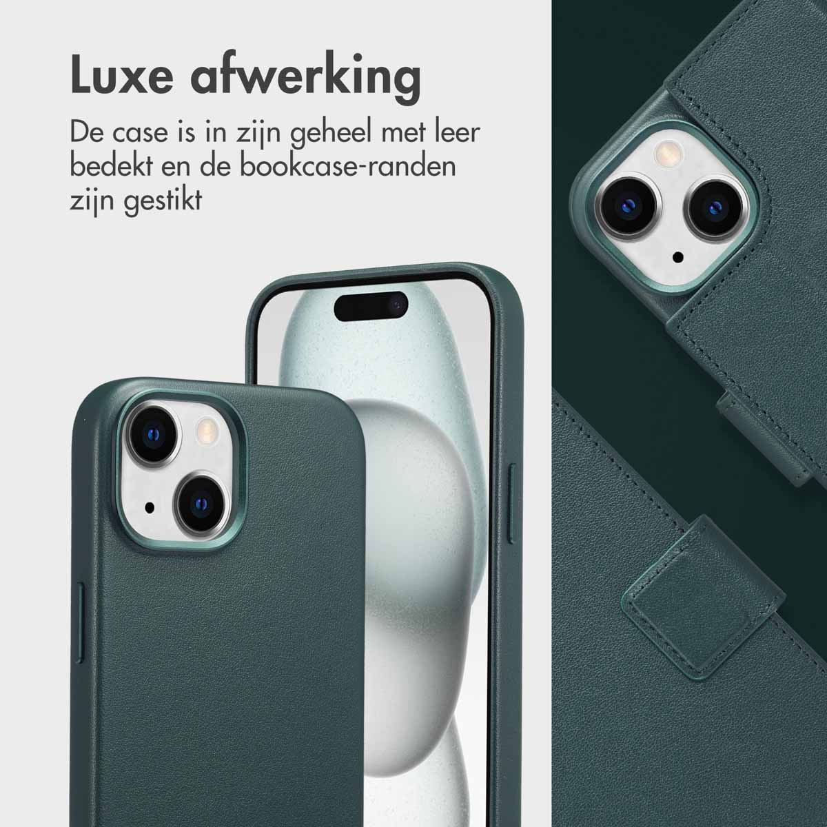 Groene telefoonhoes met leertextuur. Telefoon en hoes op de achtergrond.