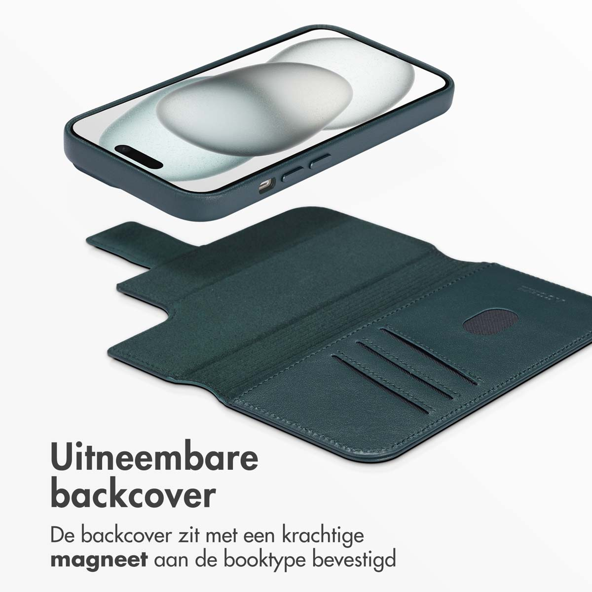 Telefoonhoesje en telefoon. De hoes bestaat uit twee delen. De telefoon is donkerblauw. De hoes is groen.