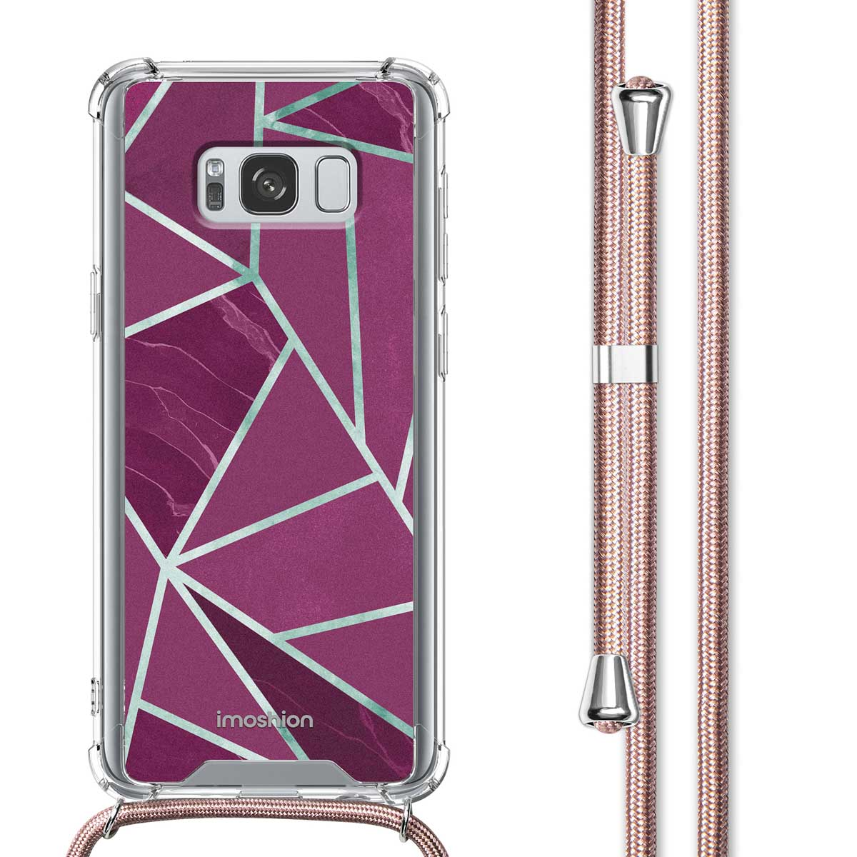Coque de téléphone transparente avec design géométrique et cordon. Texte: 'Design géométrique'.