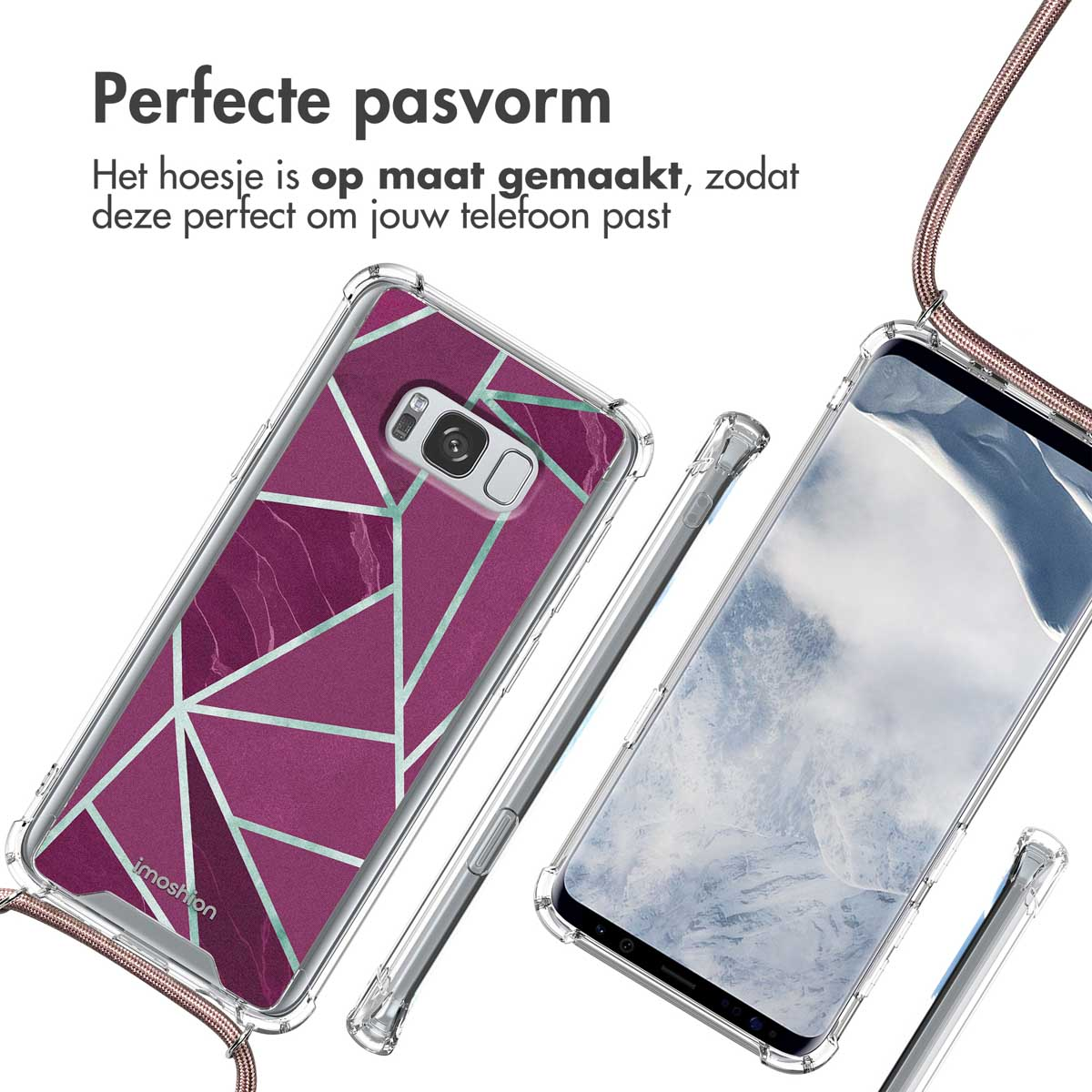 Coques de téléphone avec un design géométrique, différents angles et le téléphone à l'intérieur.