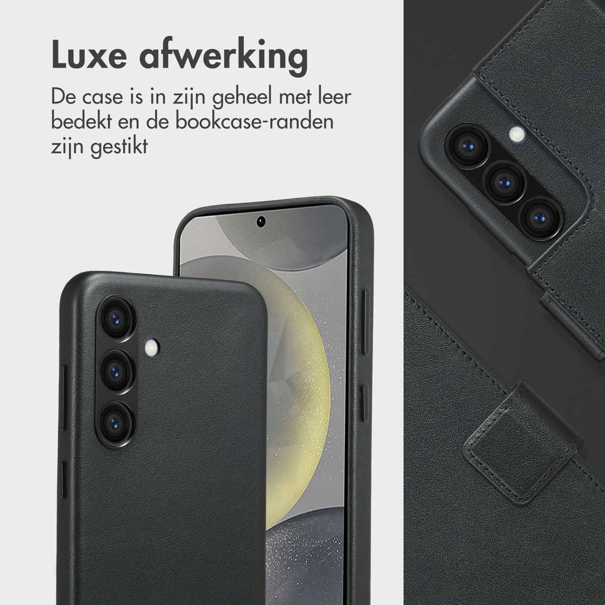 Zwart telefoonhoesje en een telefoon, met een luxe afwerking en stiksels.