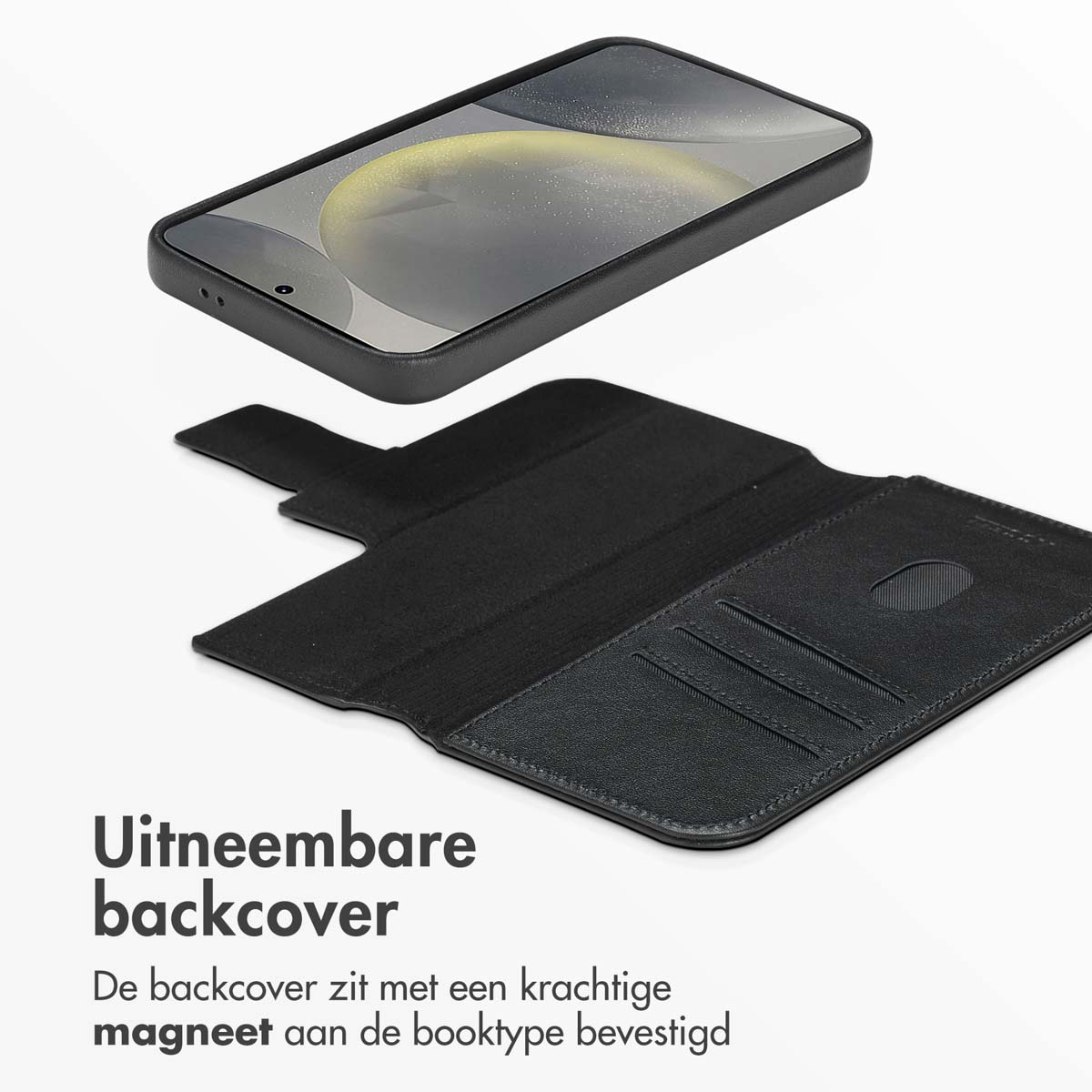 Telefoonhoesje. Telefoon zit erin. De hoes is open. Tekst: 'Uitneembare backcover.'