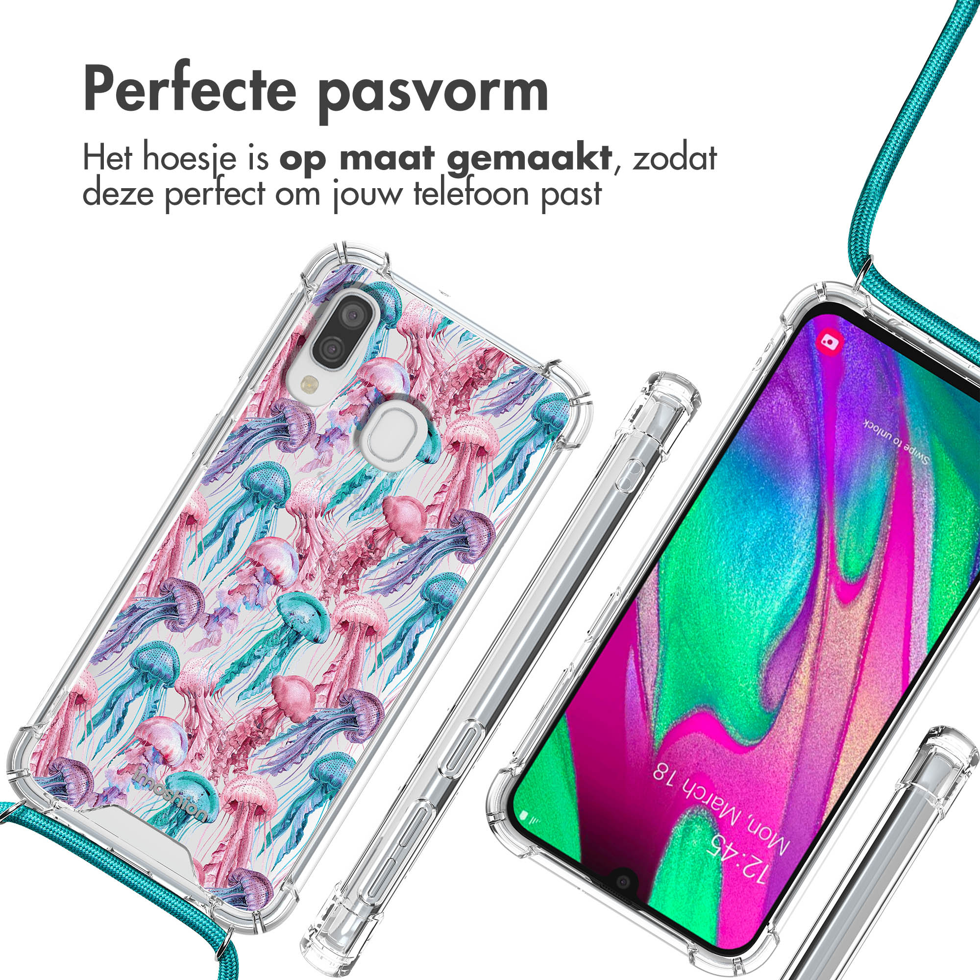Clear phone case with jellyfish pattern on phone. Displaying phone screen. Blue cord.