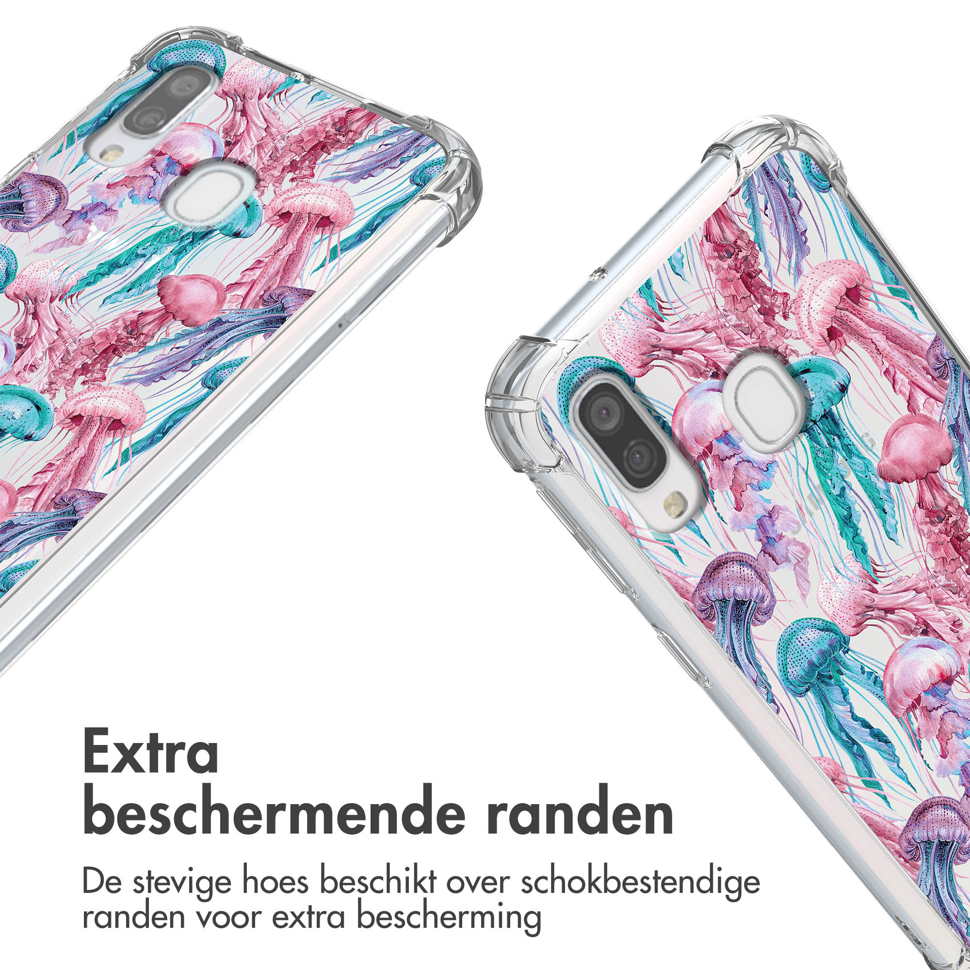 Phone case with a jellyfish pattern. The case has reinforced edges.