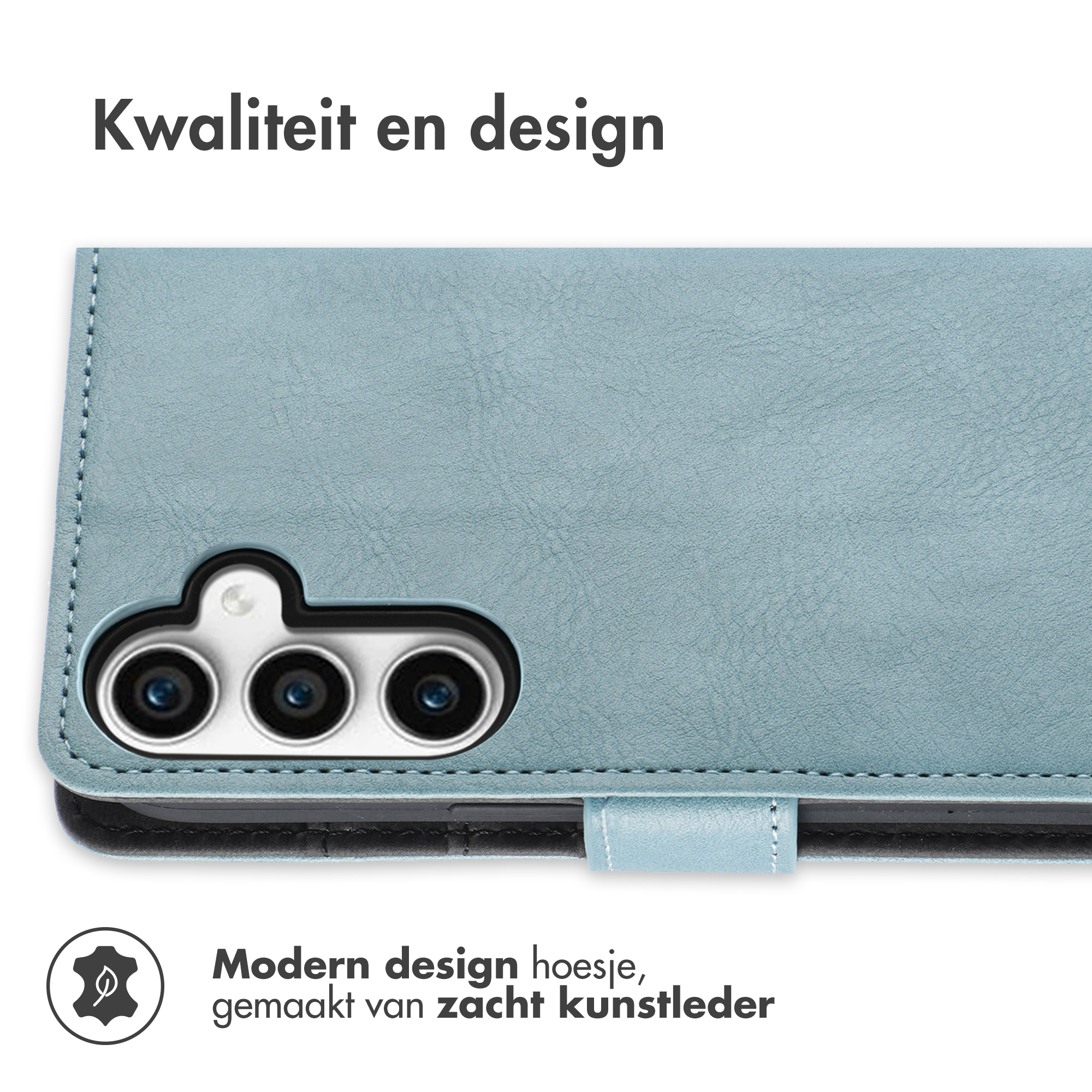 Blauwe telefoonhoes in portemonnee-stijl. Tekst: 'Kwaliteit en design.' Tekst: 'Modern design hoesje.'