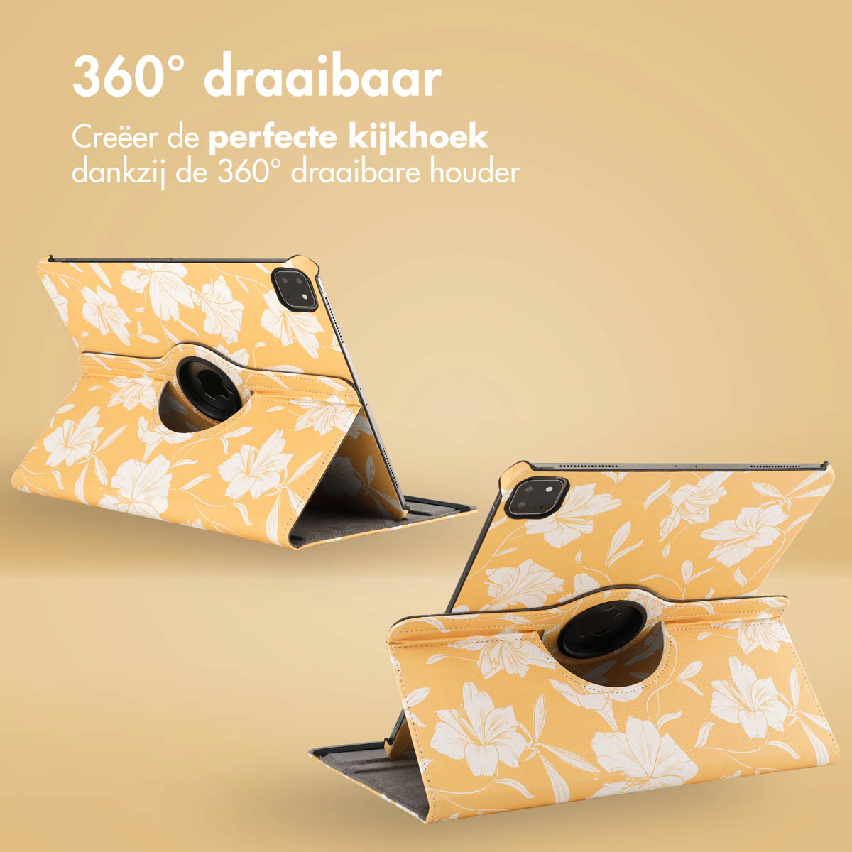 Two yellow tablet cases, floral design, 360-degree rotatable. Cases are open, showing the tablet screens.