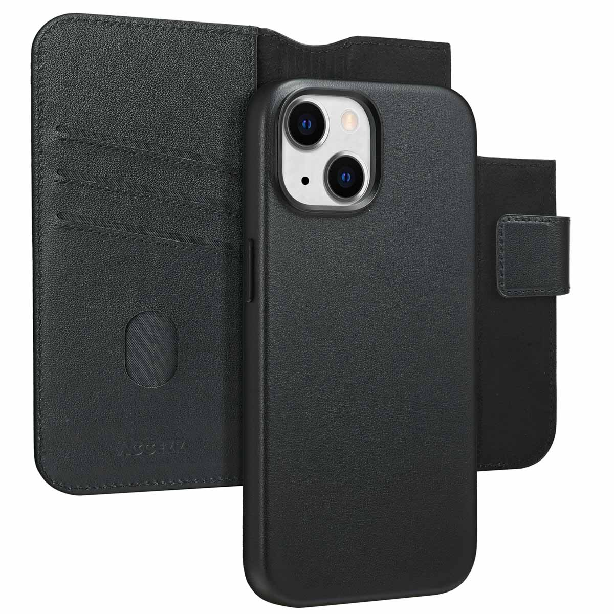 Coque de téléphone en cuir noir avec emplacements pour cartes. Le téléphone est inséré, avec le rabat fermé.