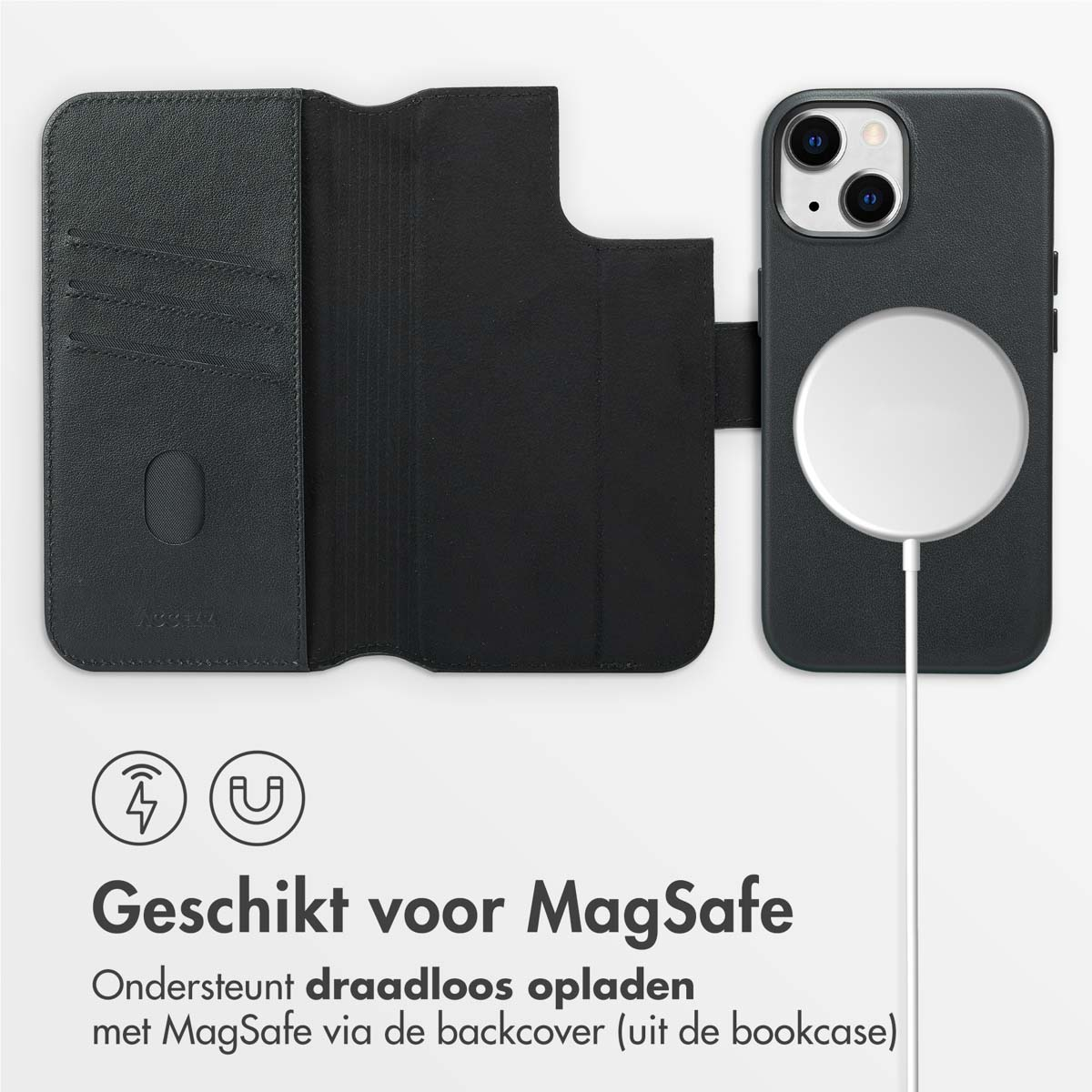 Coque de téléphone avec un portefeuille et un téléphone. Le téléphone a un cercle blanc à l'arrière.