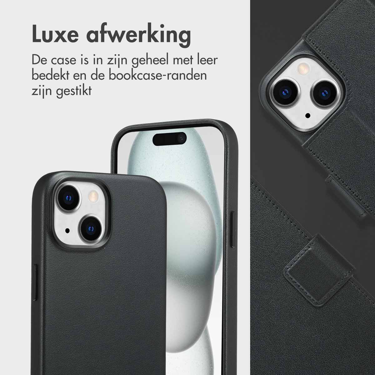 Coque et téléphone noirs. Texte : 'Luxe afwerking'. Premier plan : coque et téléphone. Fond : blanc.