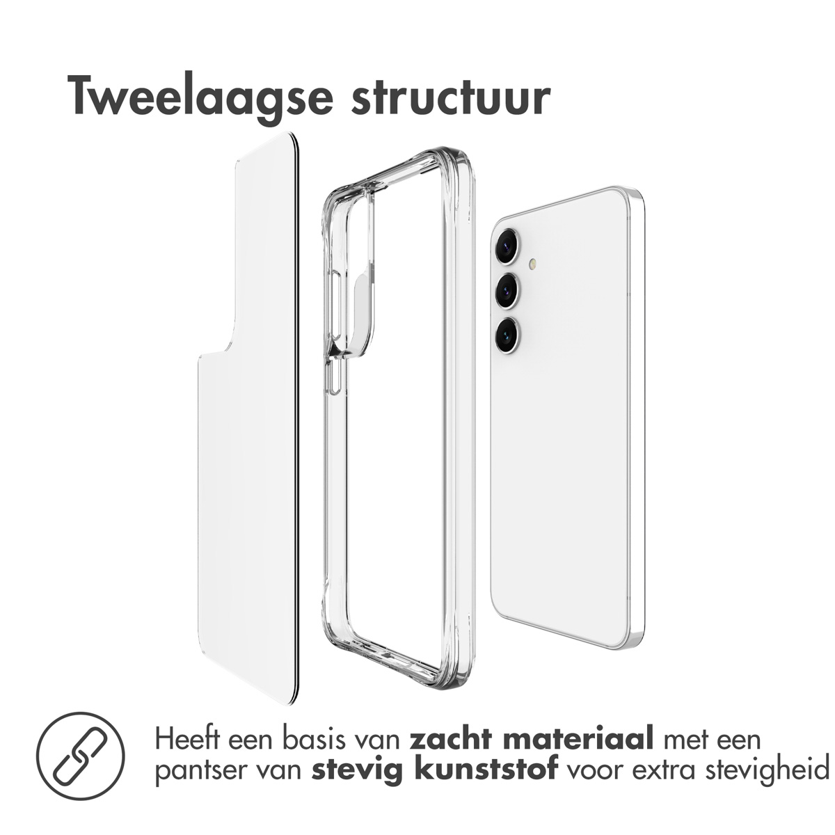Drie delen van een telefoonhoesje worden getoond, één transparant, één wit.