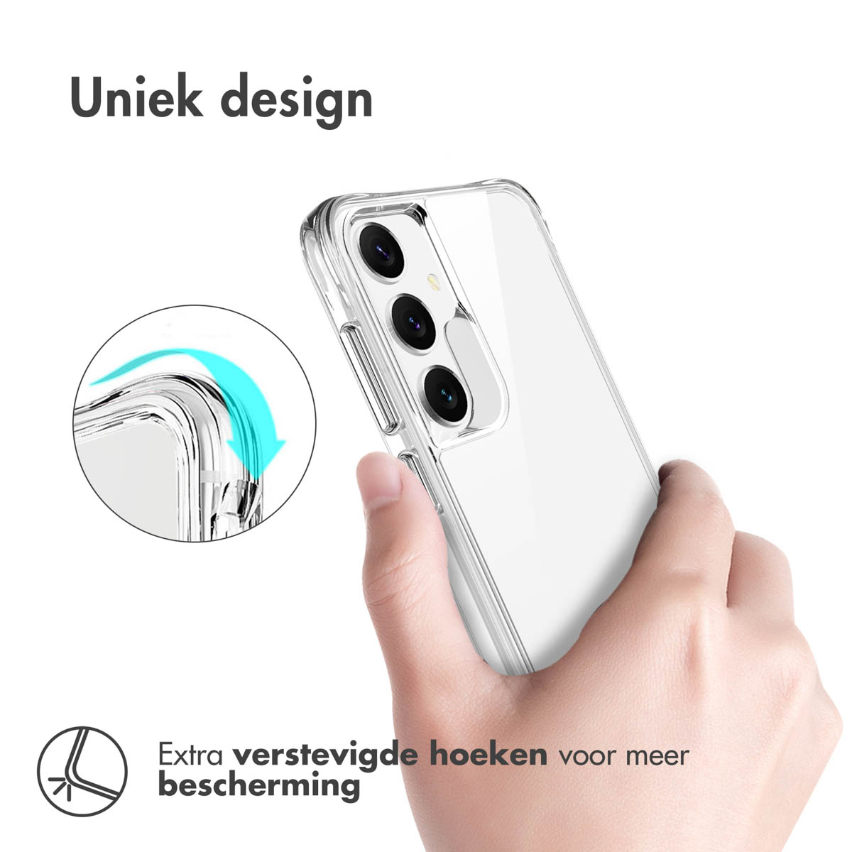 Transparante telefoonhoes in de hand, extra versterkte hoeken. Tekst: 'Uniek design'.