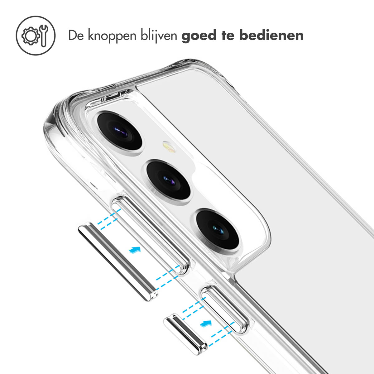 Close-up van een doorzichtige telefoonhoes met uitsparingen voor knoppen en camera. Pijlen tonen knoppen.