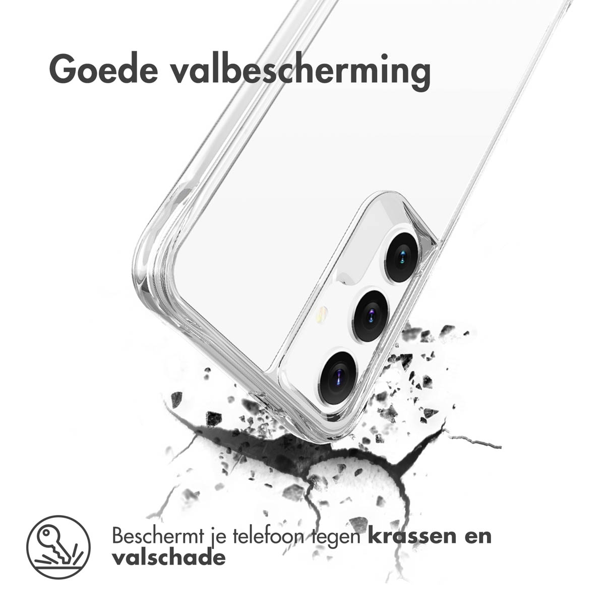Een telefoonhoesje wordt getest op valbescherming. De hoes is transparant en beschermt de telefoon.
