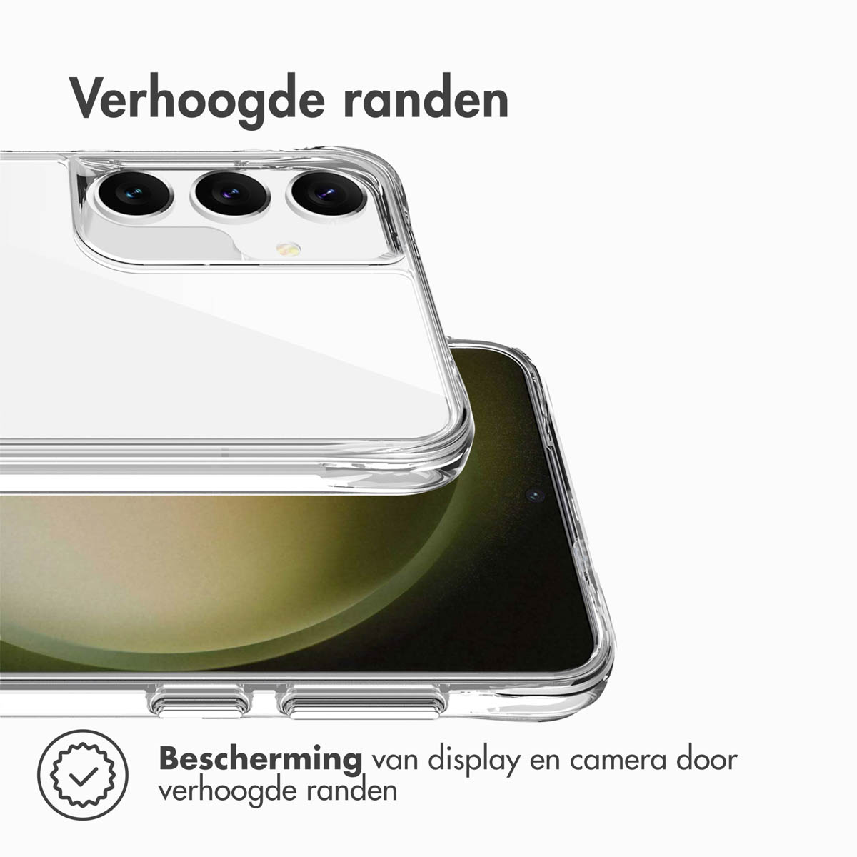 Transparant telefoonhoesje met witte telefoon erin, de camera zichtbaar.