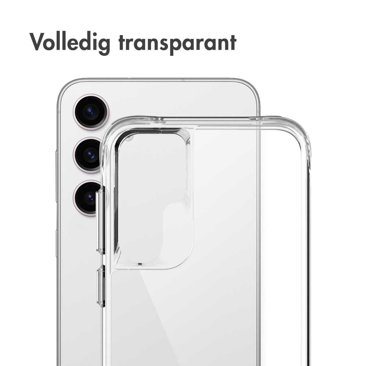 Transparante telefoonhoes op een witte telefoon. De hoes is doorzichtig en toont het ontwerp van de telefoon.