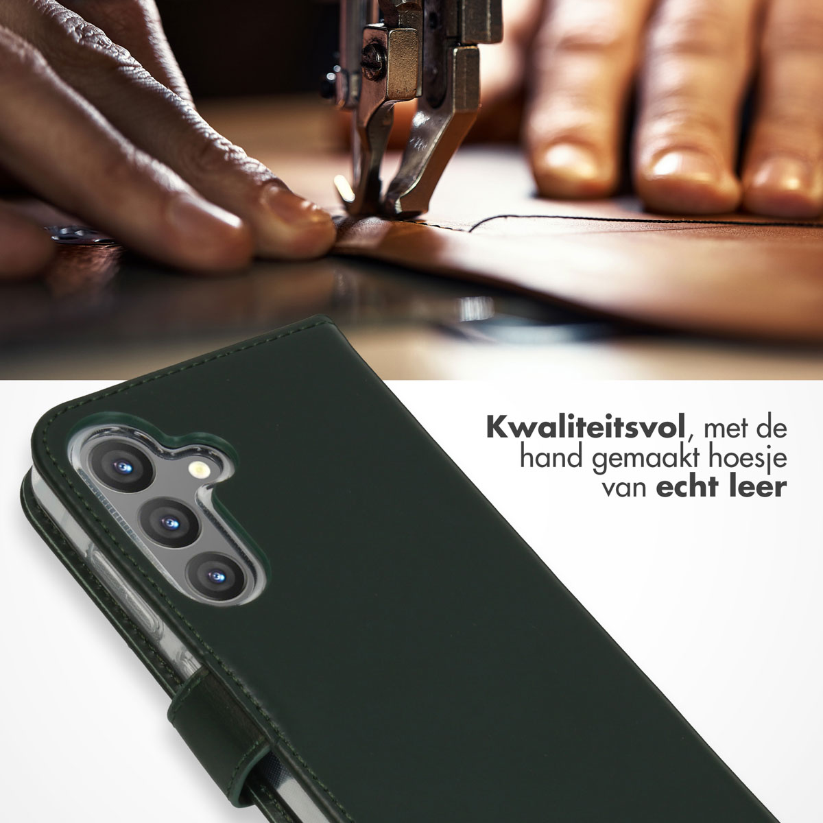Una custodia per telefono in pelle verde con un telefono all'interno e un primo piano di una macchina da cucire.