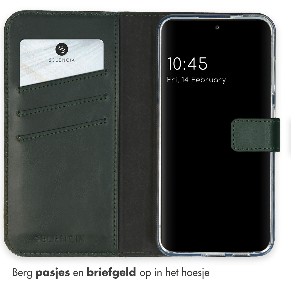Open telefoonhoes met een telefoon erin. De telefoon heeft een creditcard erin.