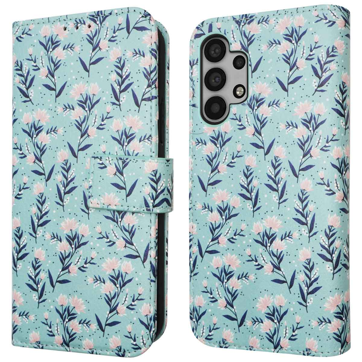 Lichtblauwe telefoonhoes met bloemmotief, open en dicht.