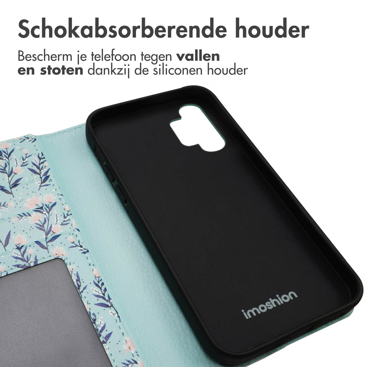Open telefoonhoesje met telefoon erin, toont camera en bloemenpatroon.