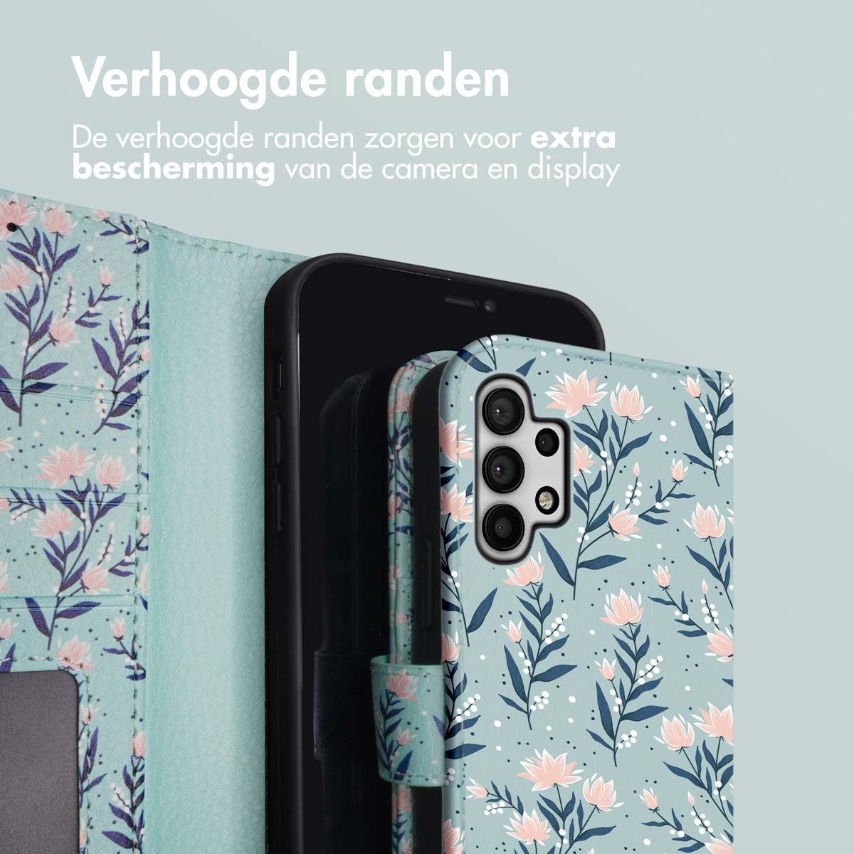 Telefoonhoes met bloemenontwerp. Telefoon erin. Groen en roze.