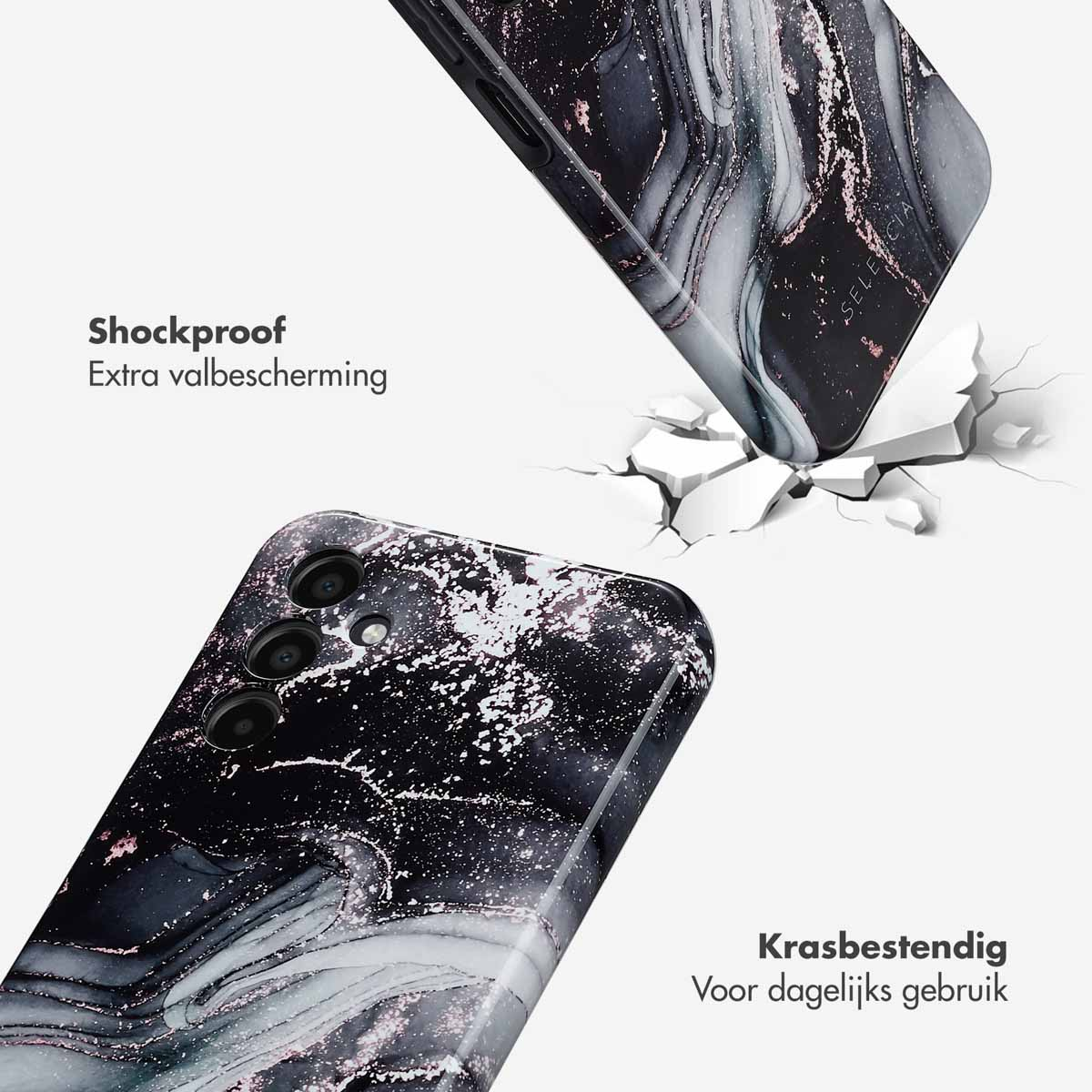 Telefoonhoes valt en breekt. Het heeft een marmerpatroon. De hoes is schokbestendig.