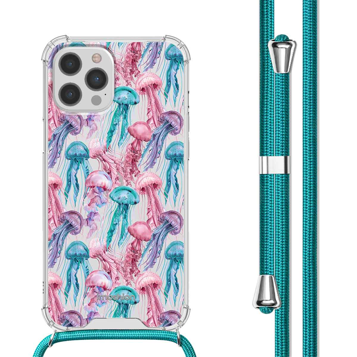 Coque de téléphone avec un motif de méduses. L'étui est sur un téléphone avec une sangle turquoise.