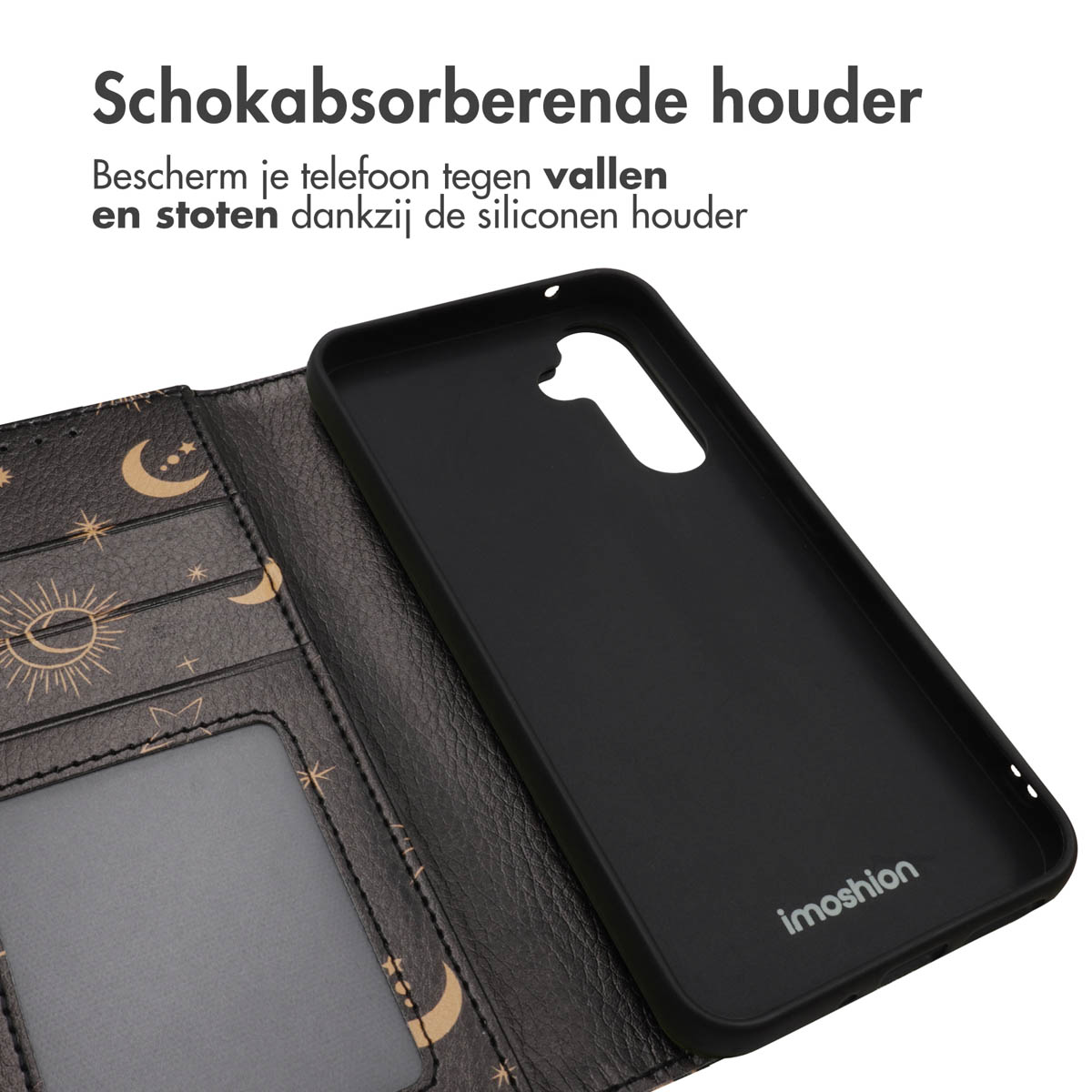 Intérieur de coque de téléphone noir avec un téléphone en arrière-plan.