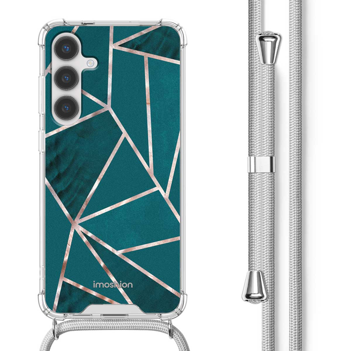 Coque de téléphone sarcelle avec des lignes dorées. Un téléphone est attaché et un cordon argenté y est suspendu.