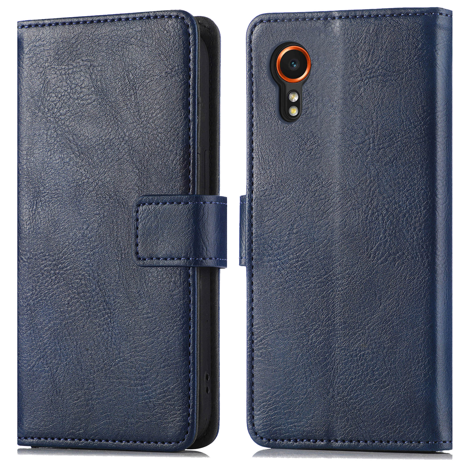 Blauwe leren telefoonhoes, open en gesloten weergave. Voorzien van magneetsluiting en stikseldetails.