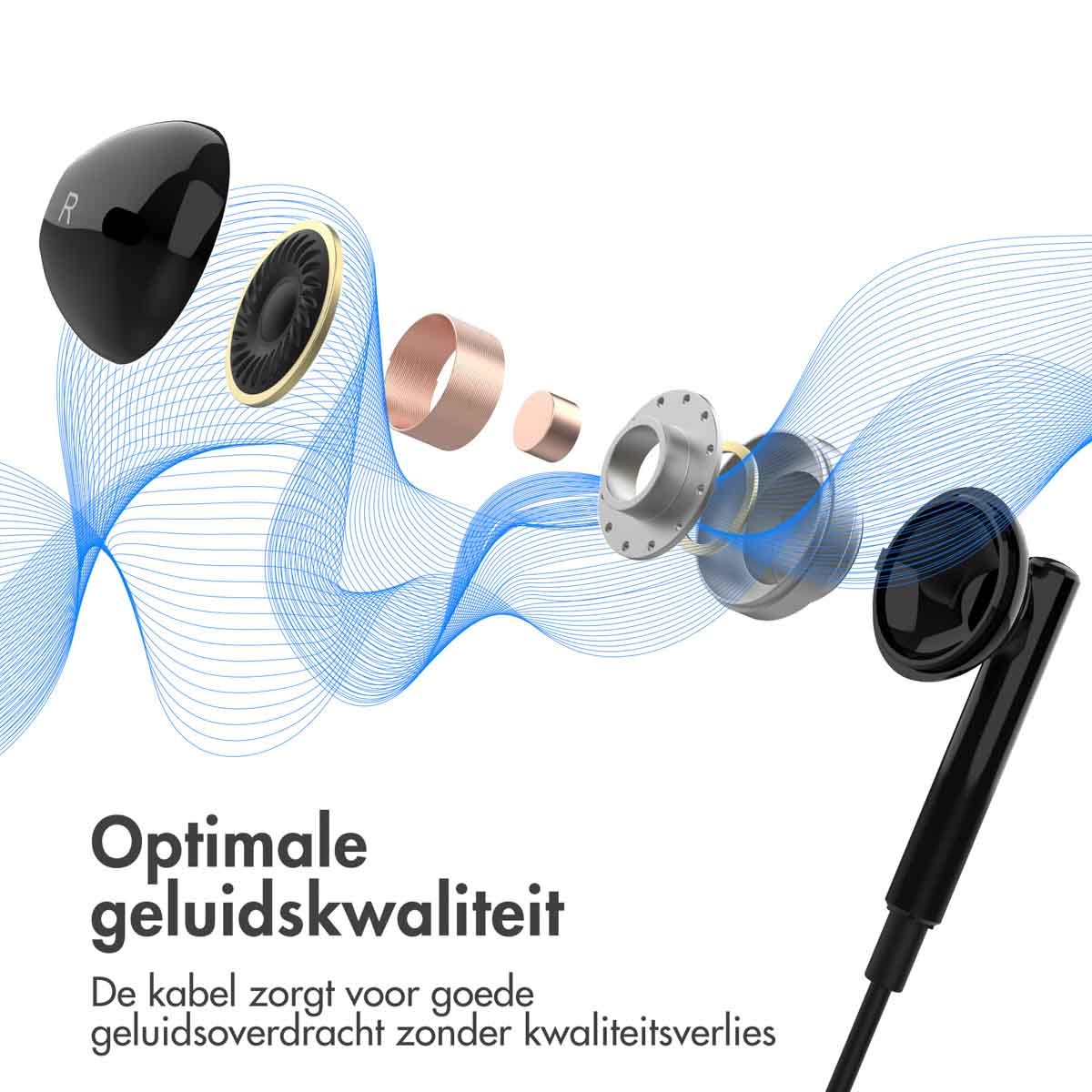 Earphones components graphic, showing the internal parts, with a cable, in a white background.