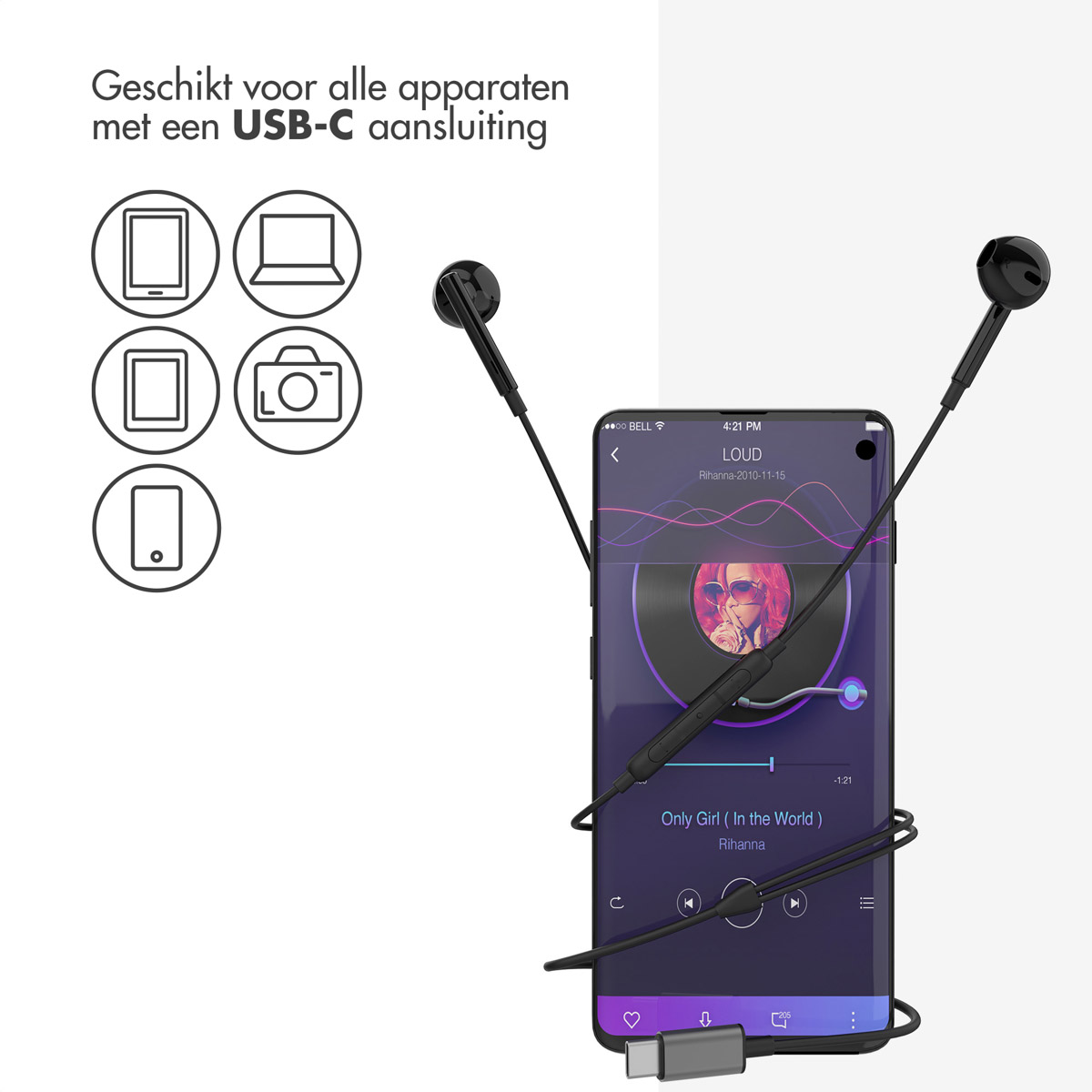 Earphones connected to a phone, with a USB-C connector. Phone displays a music app.