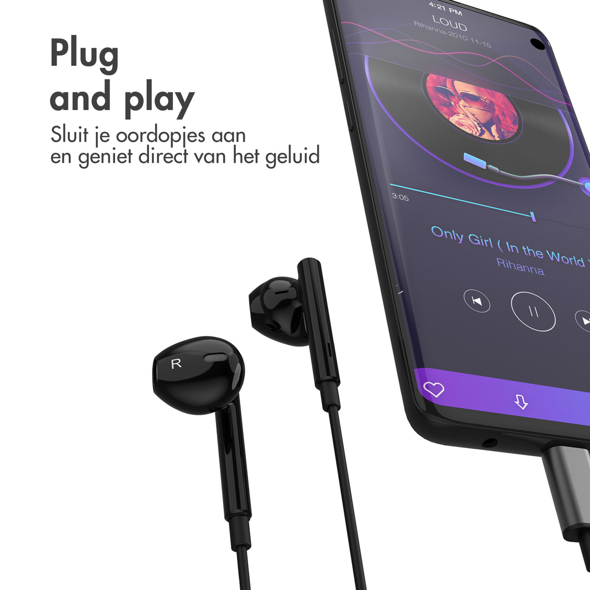 Earphones plugged into a phone. The phone displays a music app.