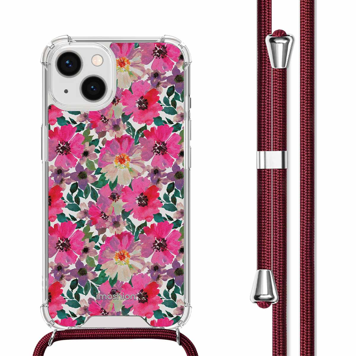 Telefoonhoes met bloemenontwerp en bordeauxrood koord. Telefoon op de achtergrond.