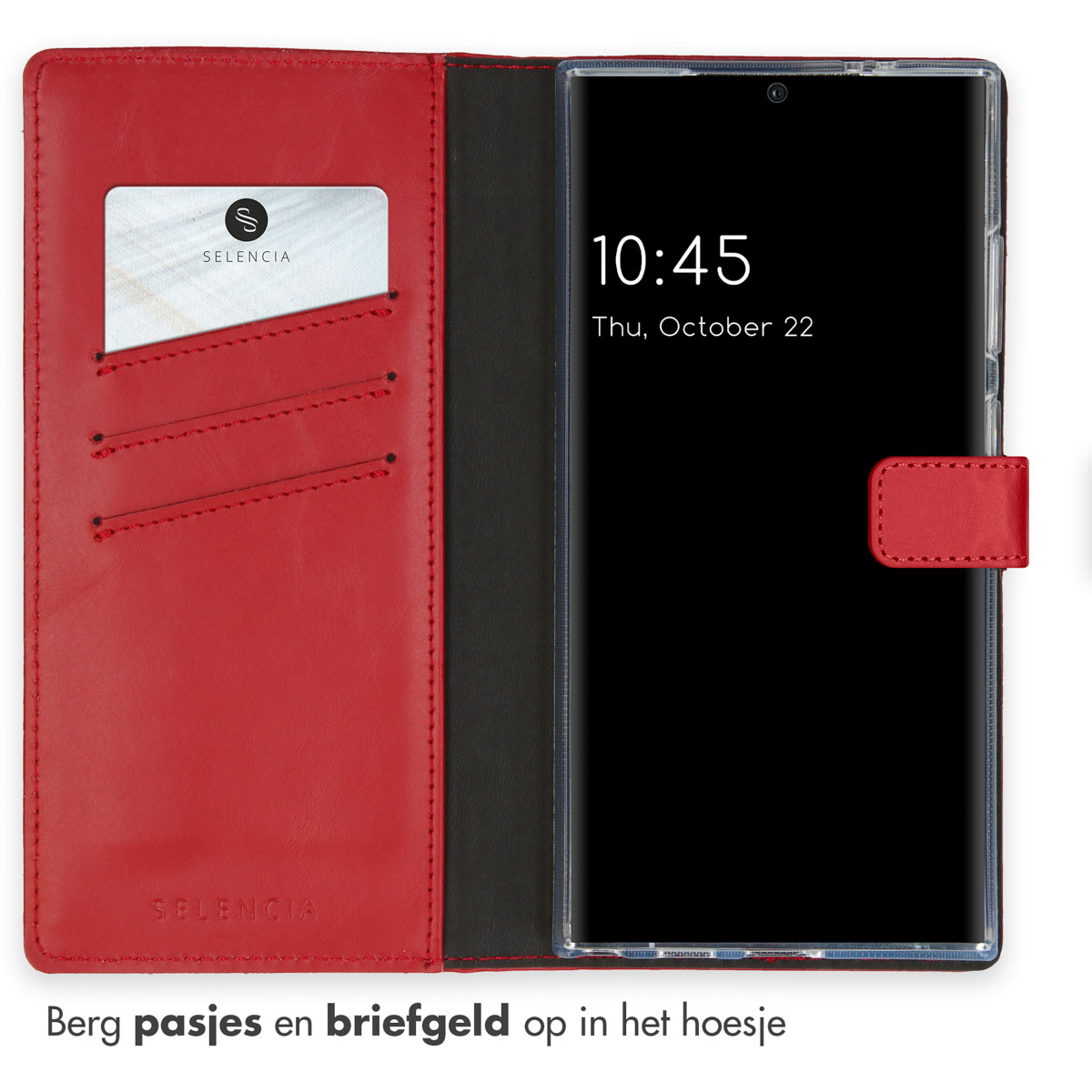 Rote Telefonhülle, offen. Ein Telefon ist sichtbar, mit Kartenfach. Der Bildschirm zeigt die Uhrzeit.