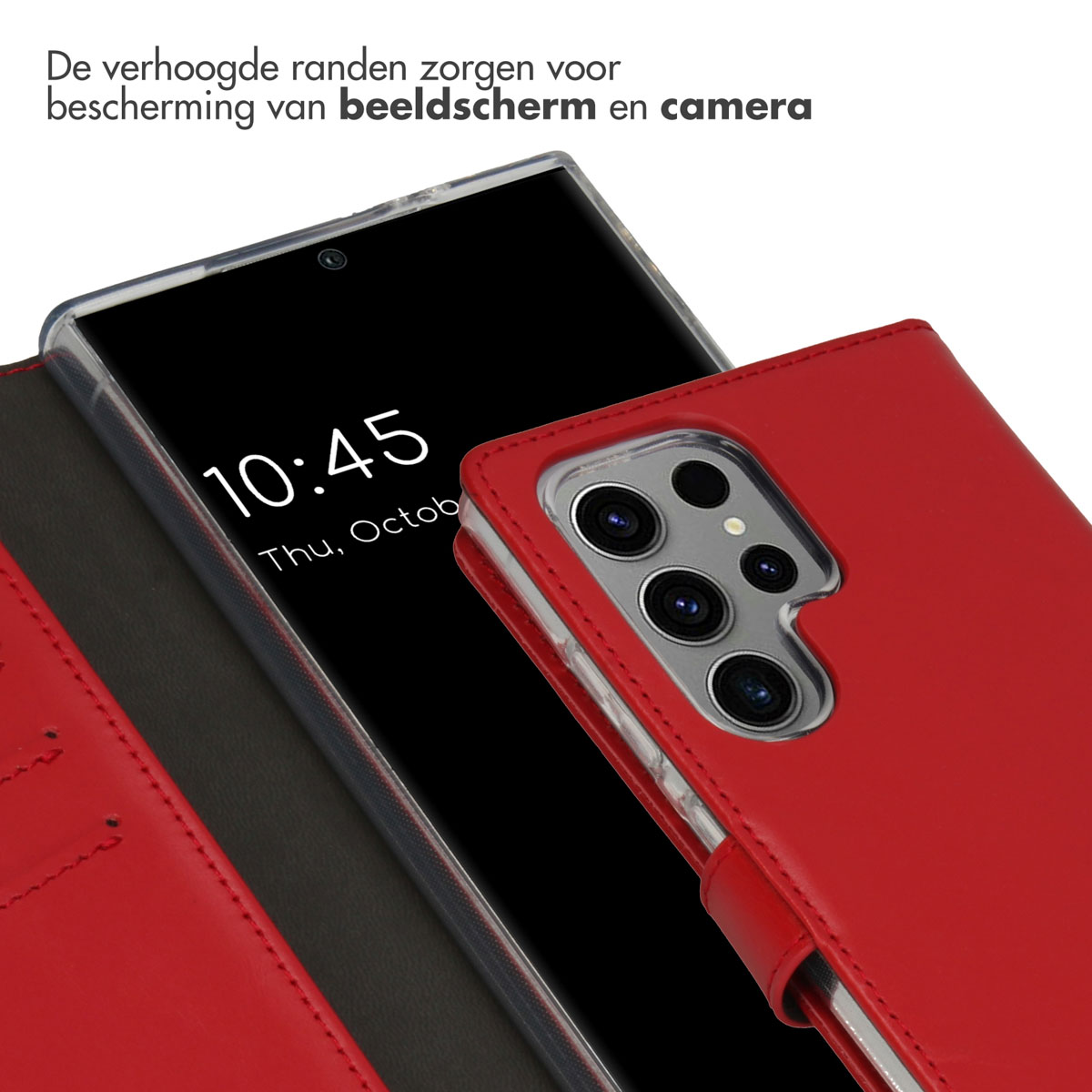 Eine rote Handyhülle bedeckt teilweise ein Telefon, das die Uhrzeit anzeigt. Die Hülle hat einen Kameraausschnitt und einen Magnetverschluss.