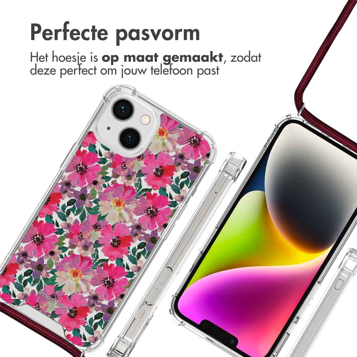 Een telefoon met een bloemenhoesje en een koord. De hoes heeft een roze en rood bloemenpatroon.