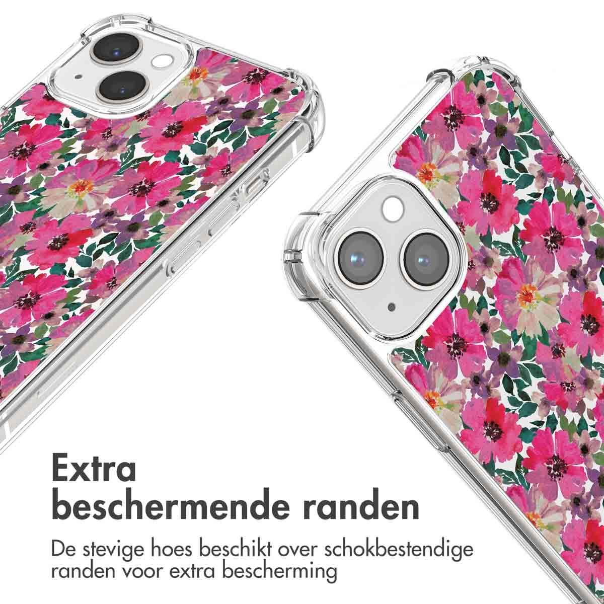Twee telefoonhoesjes met roze bloemenpatronen. Eén zit op een telefoon. De andere is een close-up.