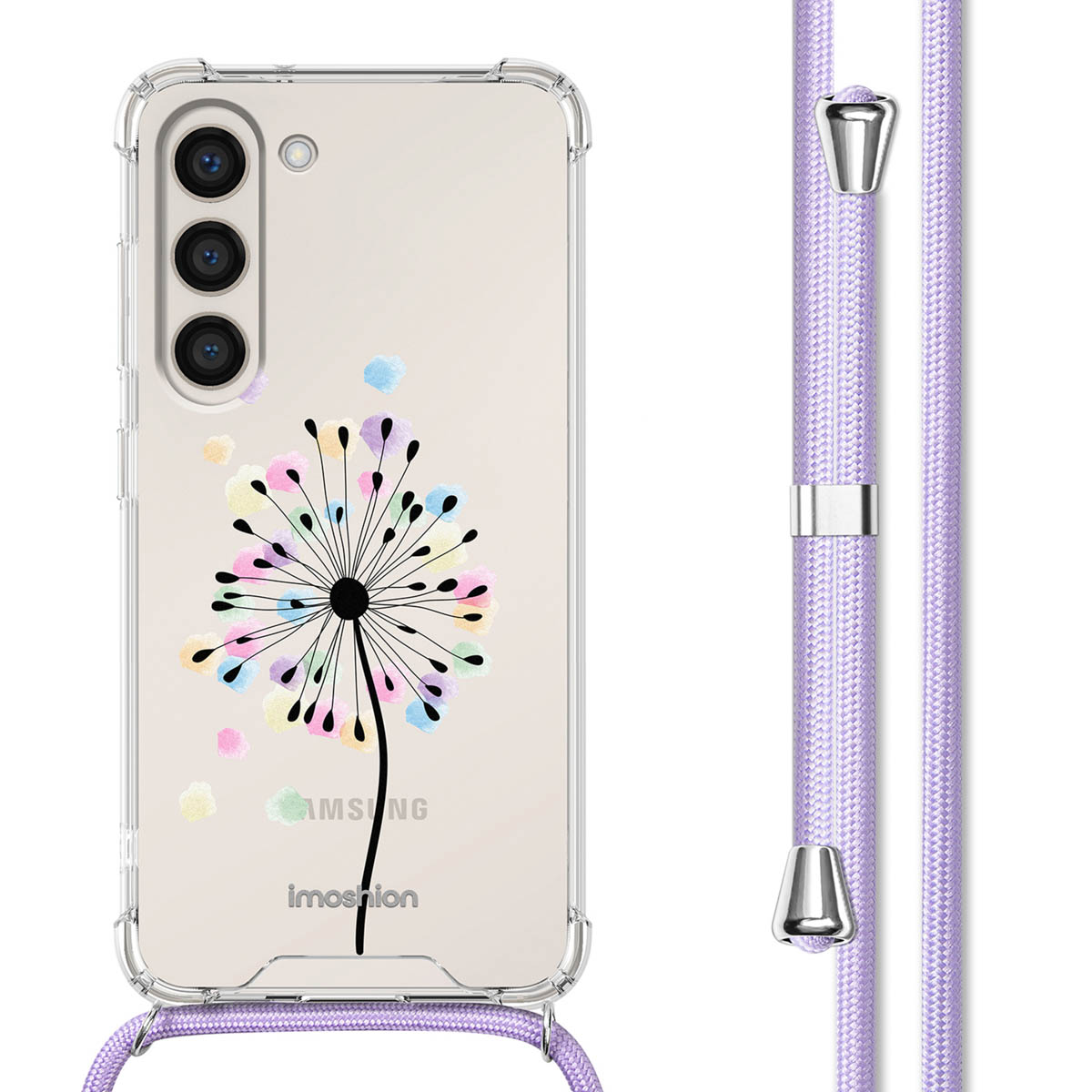 Een doorzichtig telefoonhoesje met een paardebloemdesign en een paarse band. Witte achtergrond.