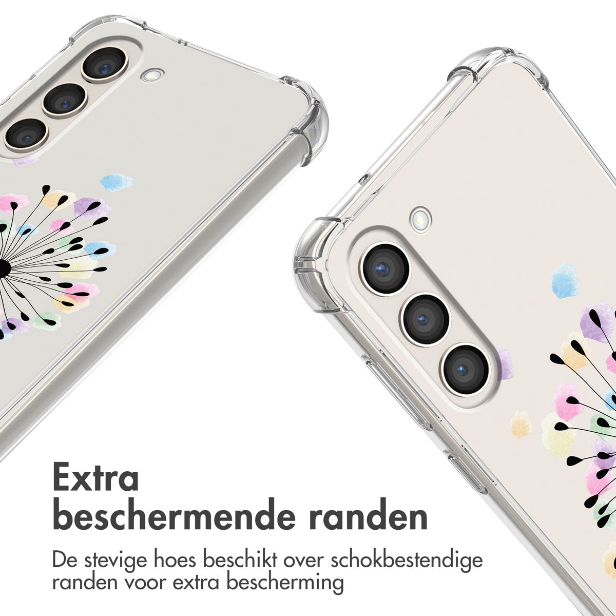 Transparante telefoonhoes met een paardenbloemontwerp, met extra beschermende randen.