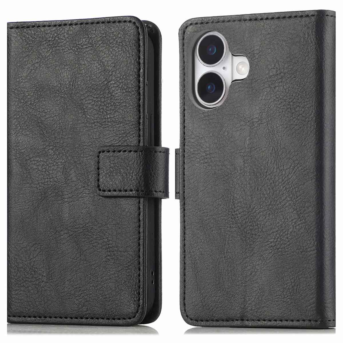 Coque de téléphone noire ouverte et fermée. La coque a une texture cuir.
